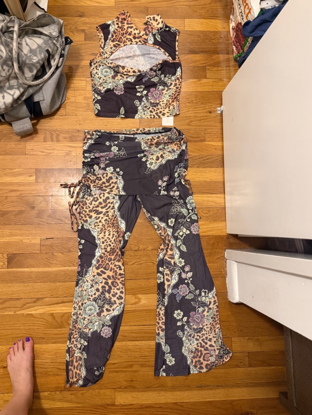 Leopard & Floral Boot Cut Pants - Black